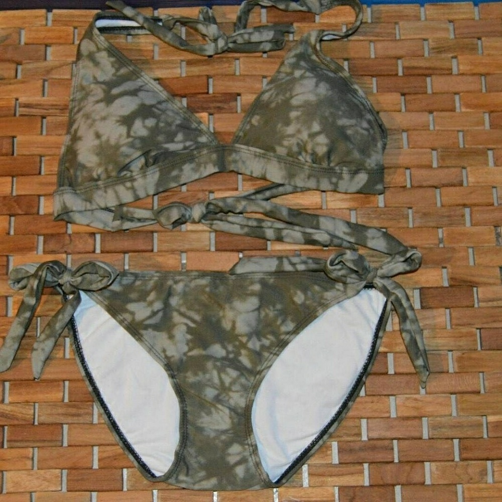 Mid waist Dark Olive Green Padded/Tie Up Bikini